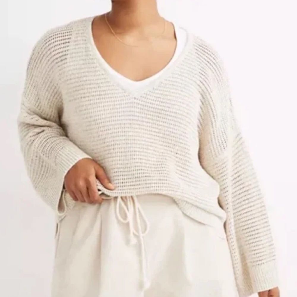 Madewell Open Knit V-Neck Sweater Cotton Pullover Neutral Size Small